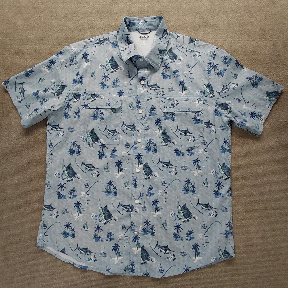 IZOD Saltwater Men's LARGE Aqua Blue Marlin Fish Print Performance Polo Shirt